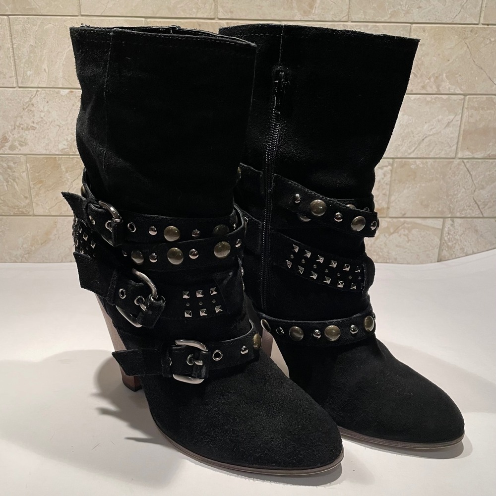 Steve‎ Madden Rusttik Black Suede Studded Moto Buckle Boots Wood Heel 10M